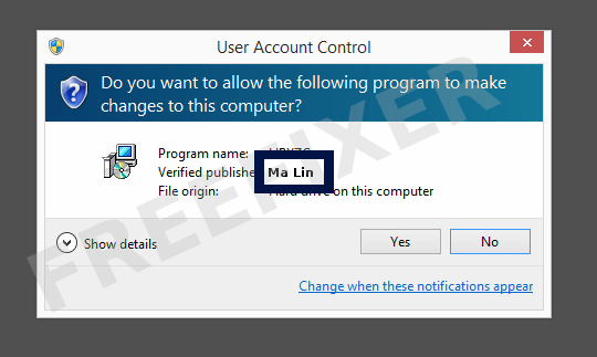 Screenshot where Ma Lin appears as the verified publisher in the UAC dialog